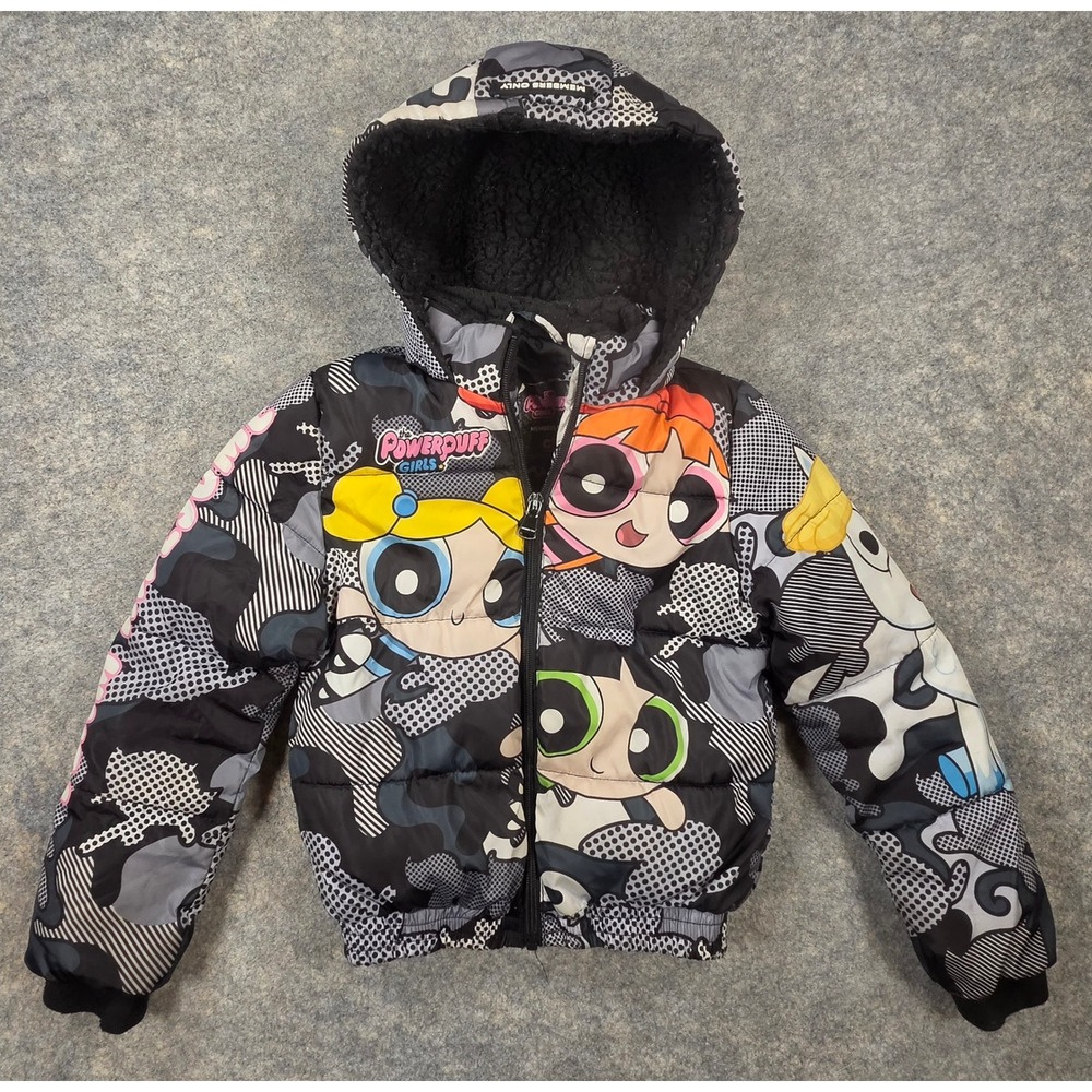 Members Only Powerpuff Girls Puffer Jacket Kids 6X Black Pink *Flaw Needs Repair